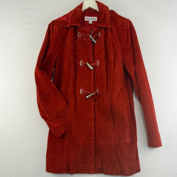 NWT Bradley Bayou Red‎ Leather Suede Toggle Coat  Women's Medium  Hooded - Picture 3 of 16